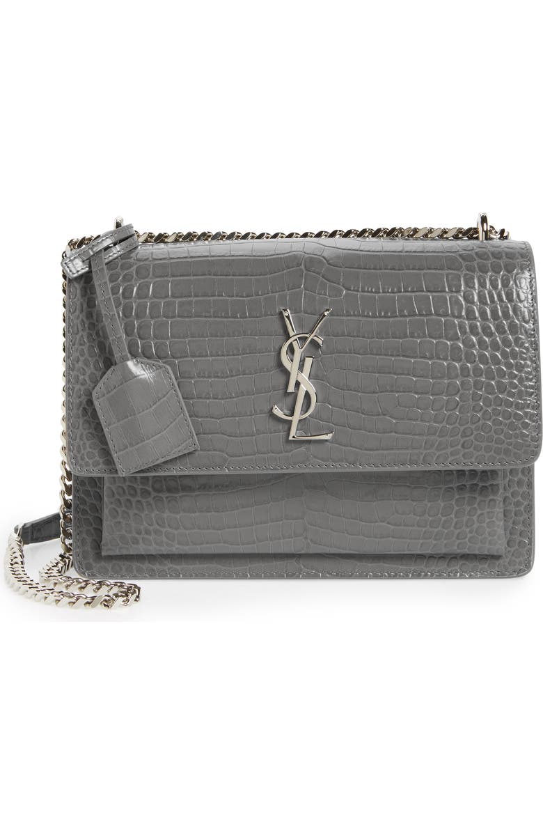Saint Laurent 'Medium Monogram Sunset' Croc Embossed Leather Shoulder Bag, Main, color,