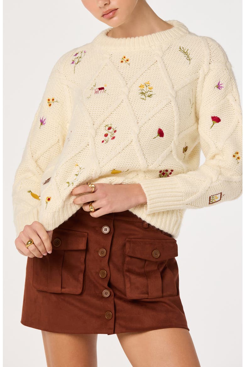 Rose Embroidered Diamond Cable Sweater, Alternate, color, IVORY