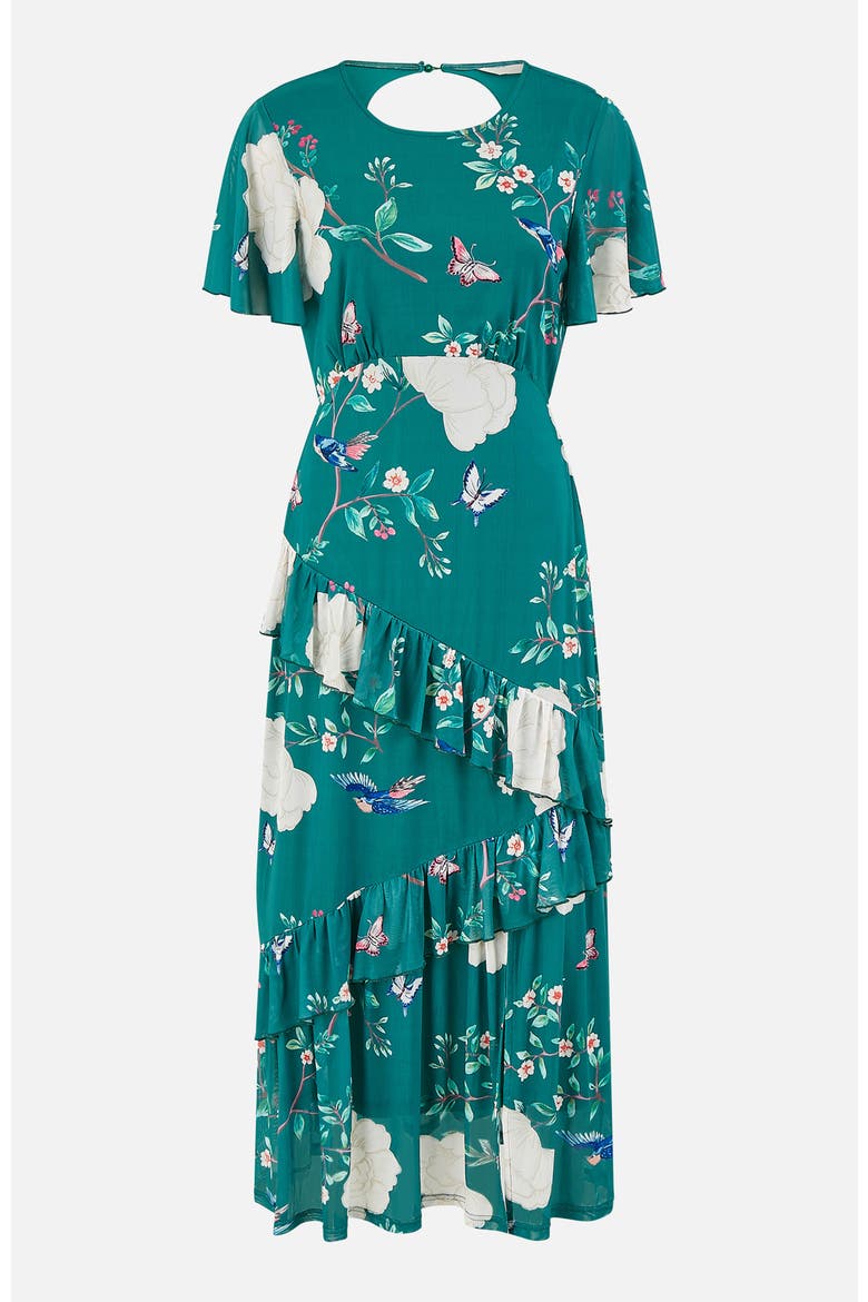 Mesh Bird And Floral Print Midi Dress, Alternate, color, Green