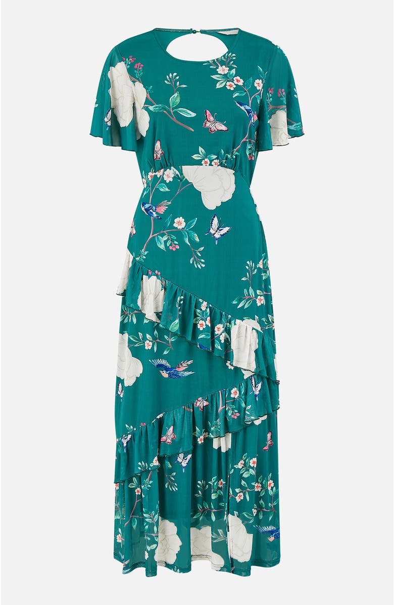 Yumi Mesh Bird And Floral Print Midi Dress, Alternate, color, Green
