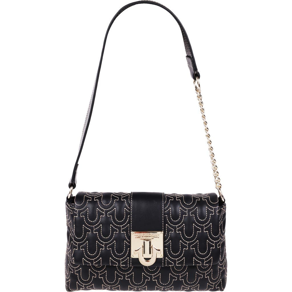 True Religion Horseshoe Quilt Logo Plaque Flap Shoulder Bag In Black
