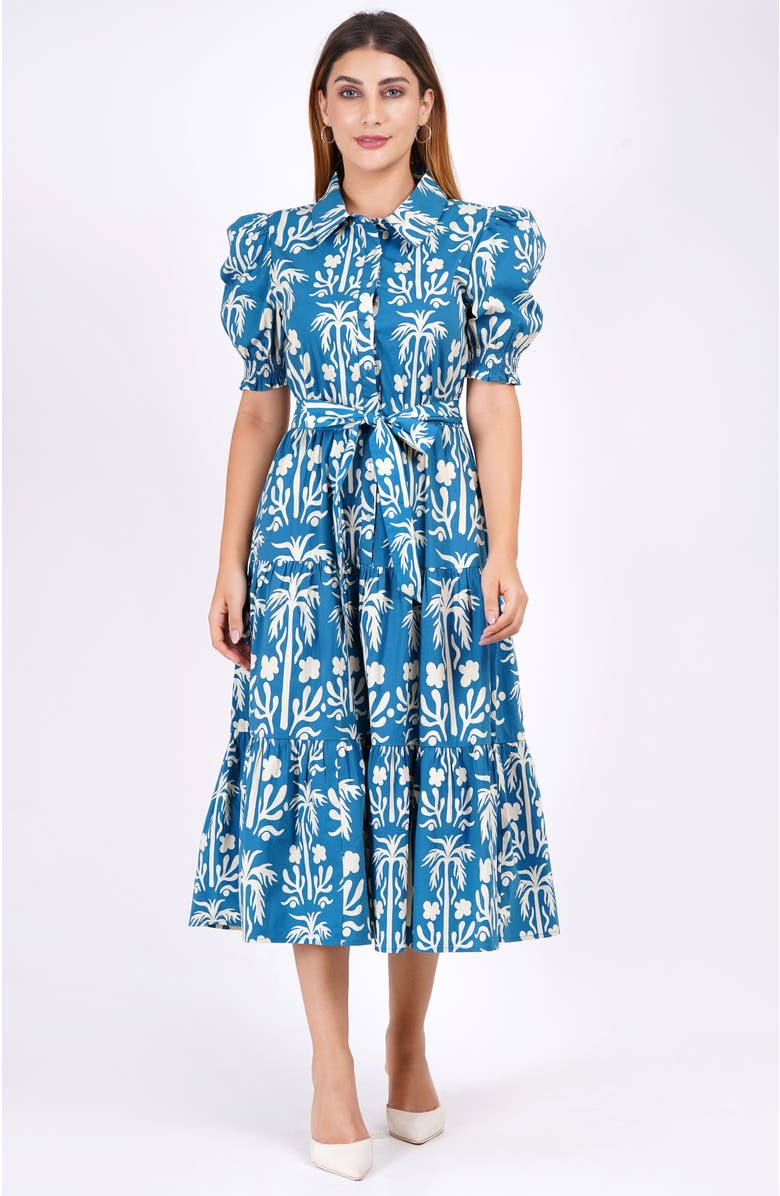 Leota Octavia Puff Sleeve Shirt Dress, Alternate, color, Teal With White Pattern