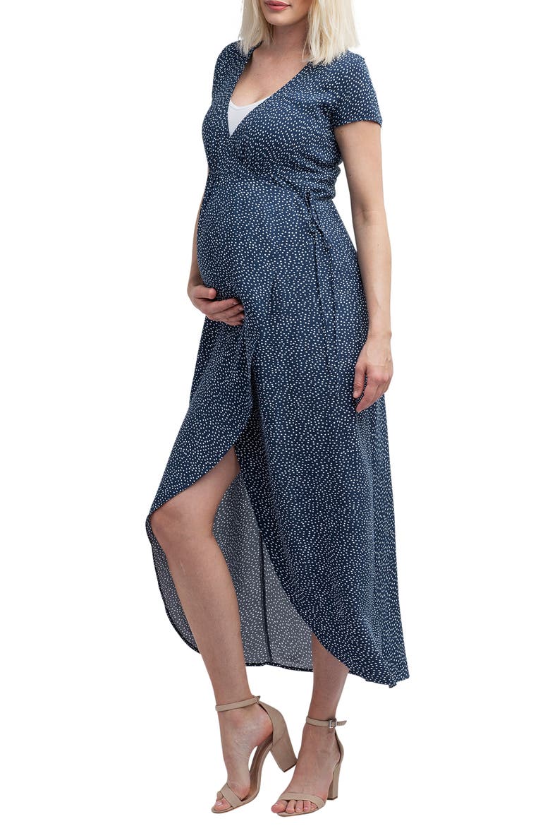 Delilah Maxi Wrap Maternity/Nursing Dress, Alternate, color, NAVY DOT