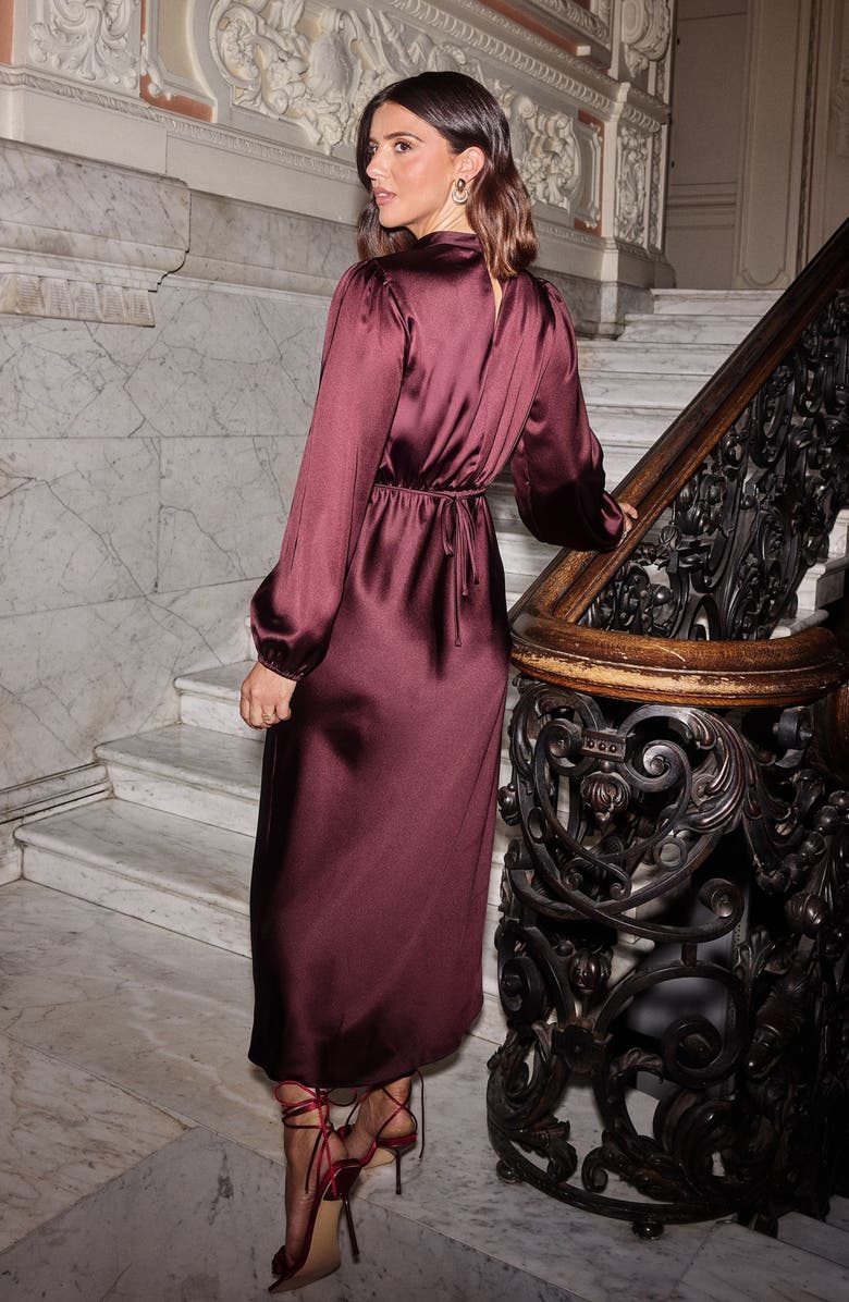 Friends Like These Cutout Long Sleeve Satin Midi Dress, Alternate, color, Brown