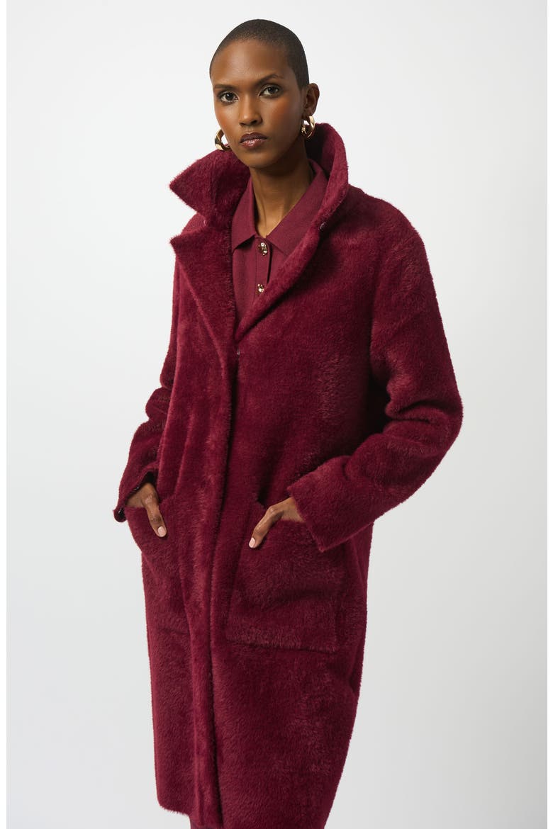 Faux Fur Trim Knit Coat, Alternate, color, MERLOT