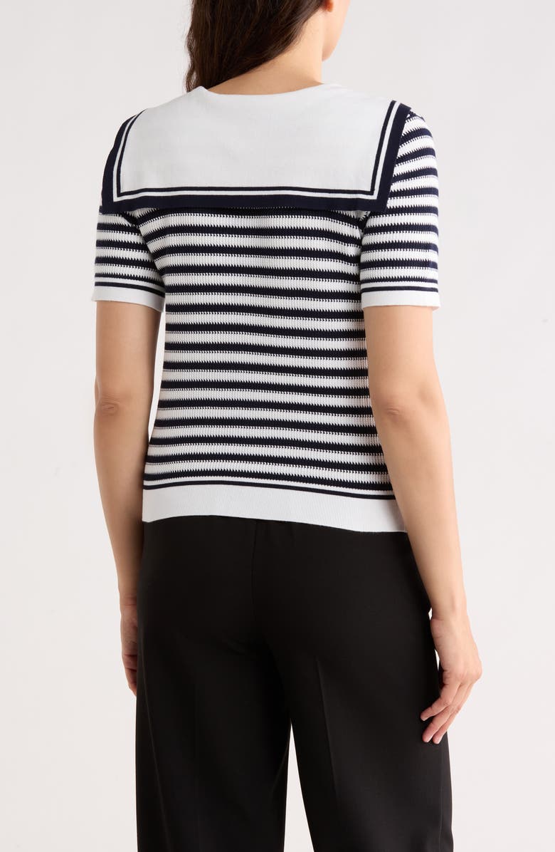 Adrianna Papell Stripe Shawl Collar Short Sleeve Sweater, Alternate, color, Ivory/ Navy