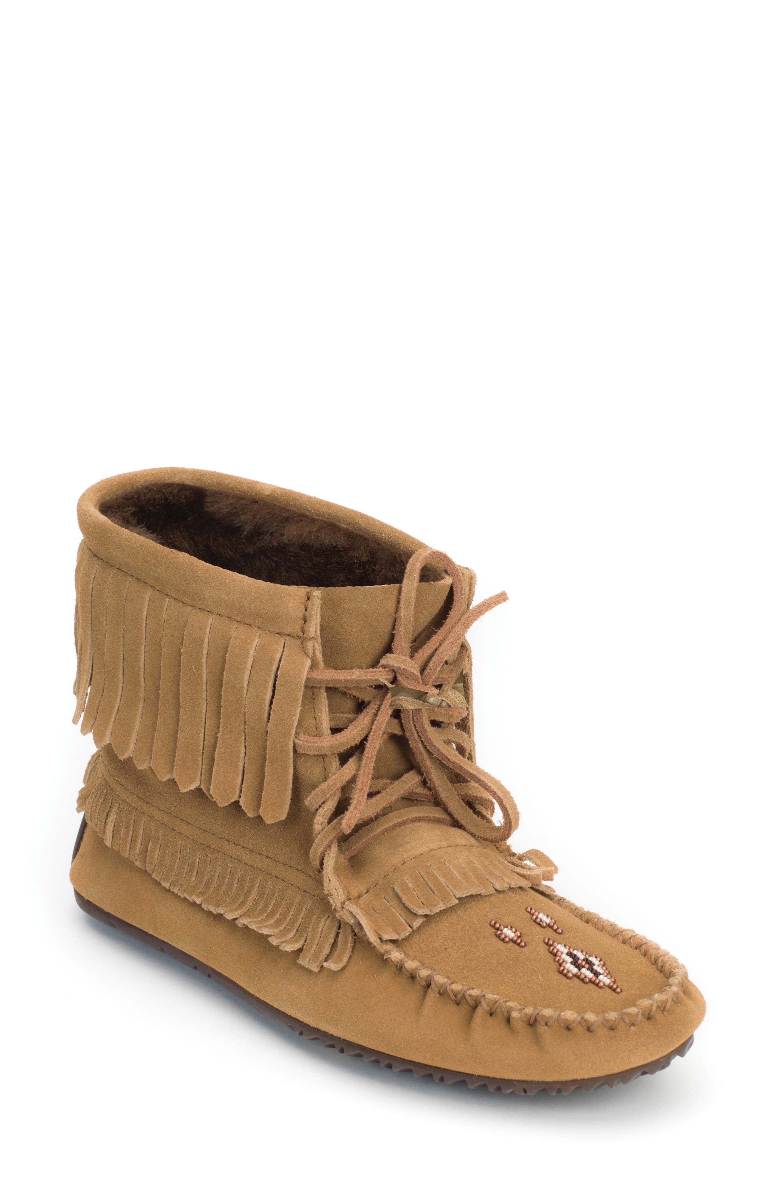 Manitobah Harvester Fringe Moccasin Bootie, Main, color, 