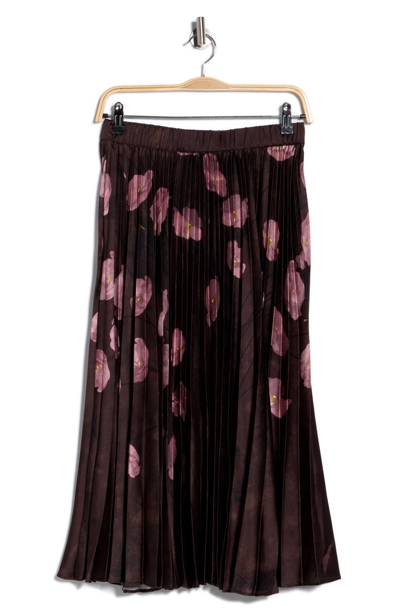 T Tahari Knife Pleated Pull-On Midi Skirt, Alternate, color, Chocolate Pink Flower