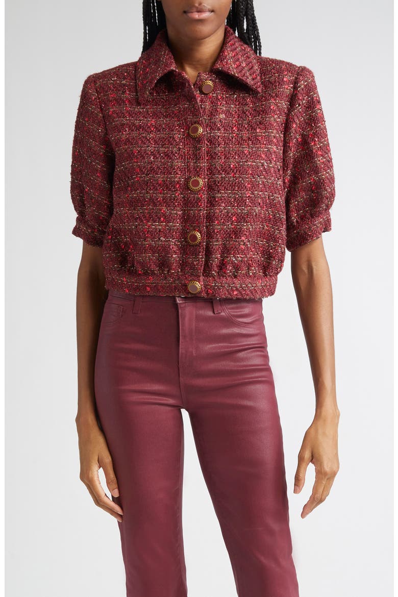 Tweed Check Puff Sleeve Jacket, Main, color, BROWN/BLK CHERRY MULTI TWEED