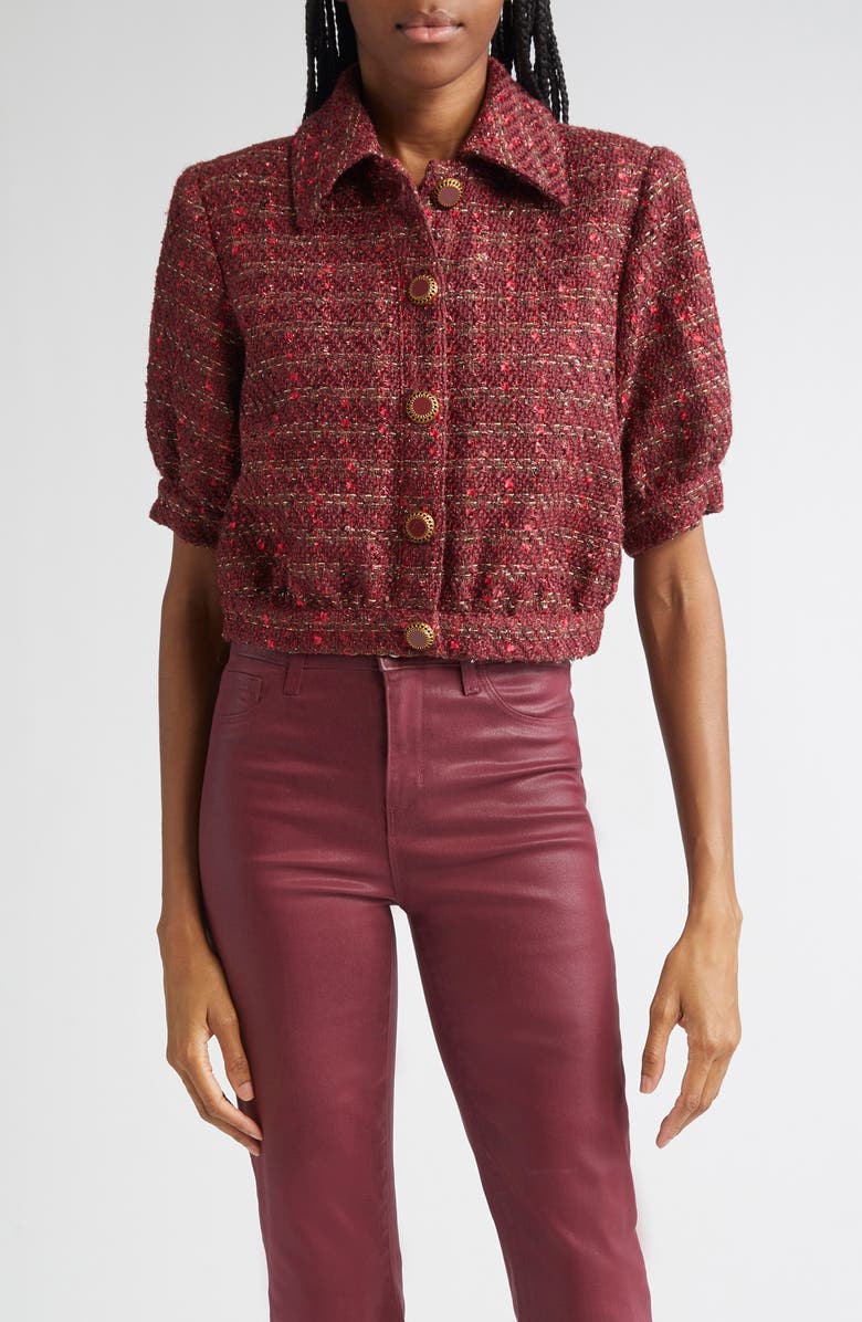 L'AGENCE Tweed Check Puff Sleeve Jacket, Main, color, Brown/Blk Cherry Multi Tweed