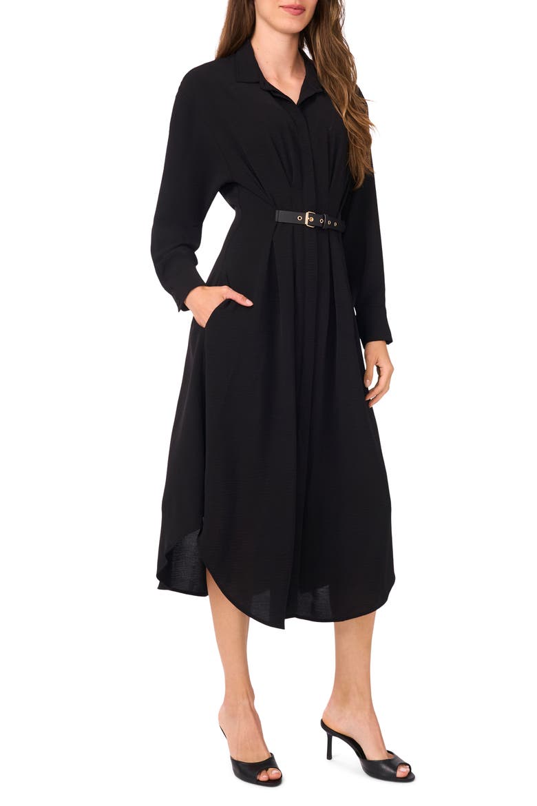 Pleated Long Sleeve Belted Waist Midi Shirtdress, Main, color, RICH BLACK 060