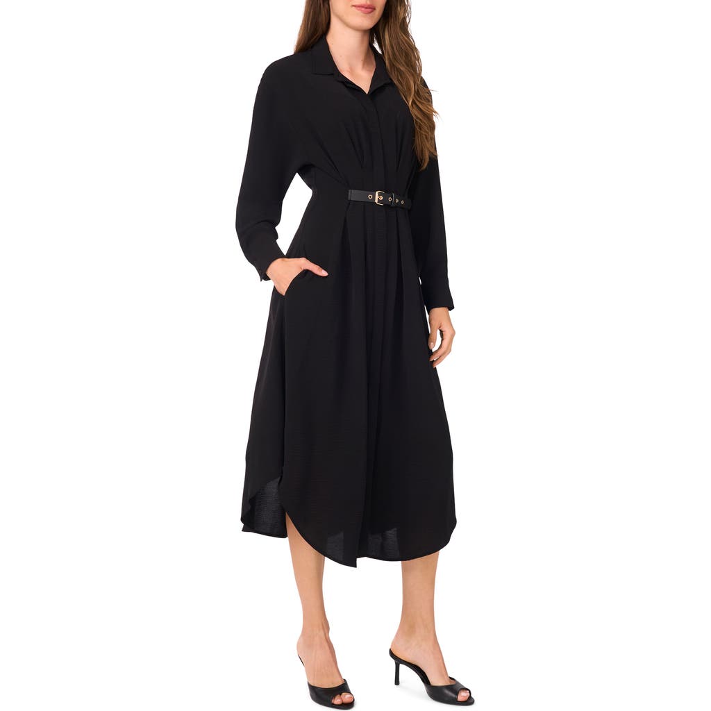 Halogen ® Pleated Long Sleeve Belted Waist Midi Shirtdress In Black