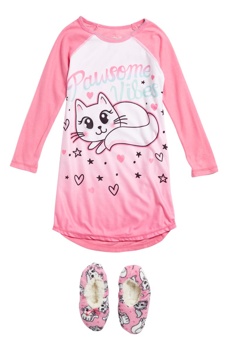 RENE ROFE Kids' Pawsome Vibes Nightshirt & Faux Shearling Lined Slippers Set, Main, color, 