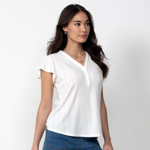 Single Stitch Flutter Sleeve Henley In White