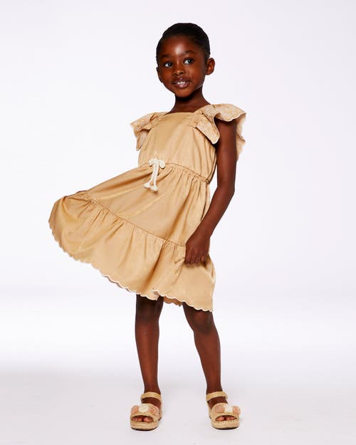 Deux Par Deux Baby Girl's Chambray Dress With Embroidery Golden Beige In Golden Beige