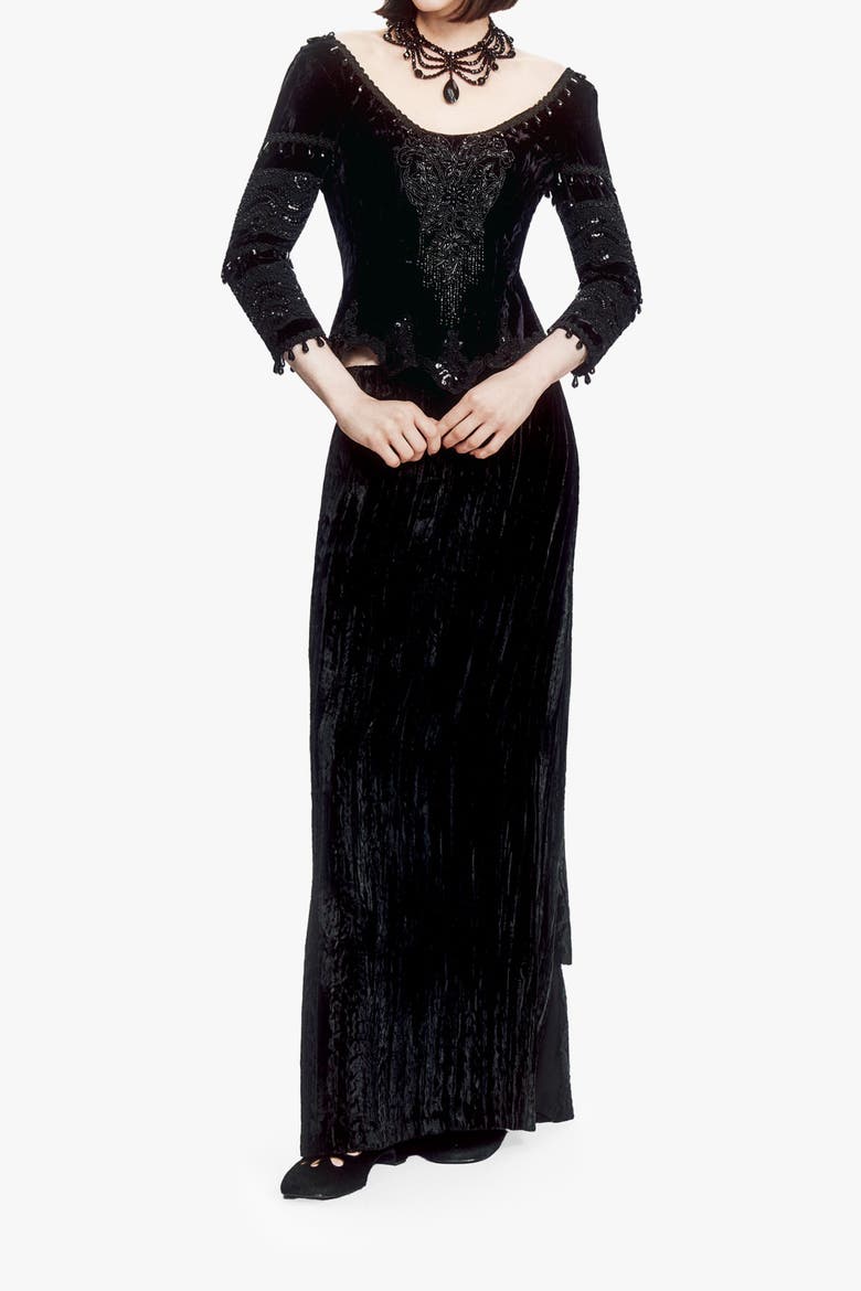 Crushed Velvet Beaded Corset, Alternate, color, Black