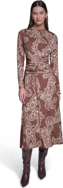 HALSTON Long Sleeve Paisley Printed Jersey Midi Dress