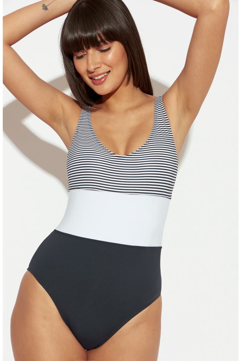 Inside the Lines One-Piece Swimsuit, Alternate, color, BLACK