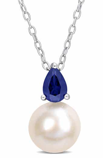 Sterling Silver 8.5-9mm Cultured Freshwater Pearl & Created Blue Sapphire Necklace