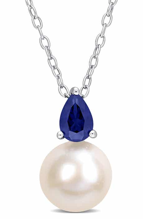 DELMAR Sterling Silver 8.5-9mm Cultured Freshwater Pearl & Created Blue Sapphire Necklace