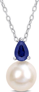 DELMAR Sterling Silver 8.5-9mm Cultured Freshwater Pearl & Created Blue Sapphire Necklace
