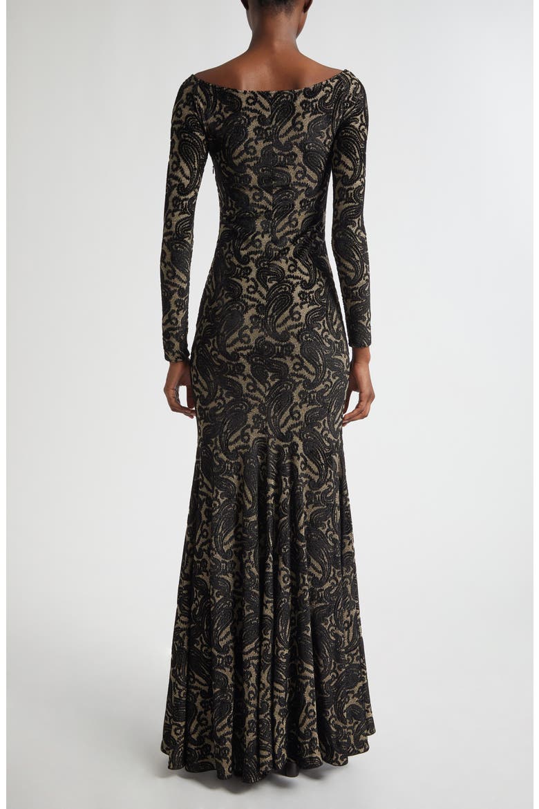 Long Sleeve Metallic Paisley Chenille Gown, Alternate, color, ORO