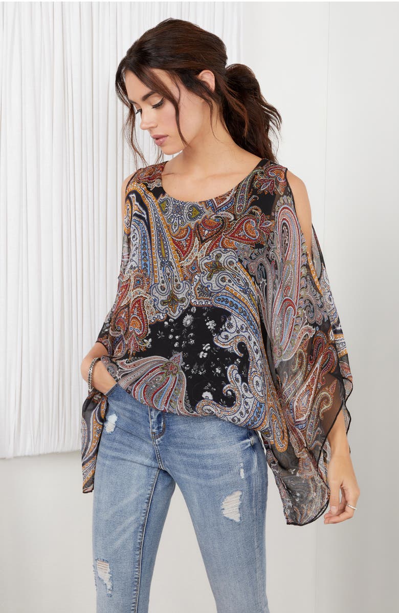 Karen Kane Scarf Print Cold Shoulder Georgette Blouse, Alternate, color, 