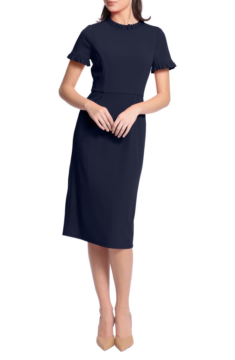 Maggy London Ruffle Short Sleeve Pocket Sheath Dress, Main, color, Twilight Navy