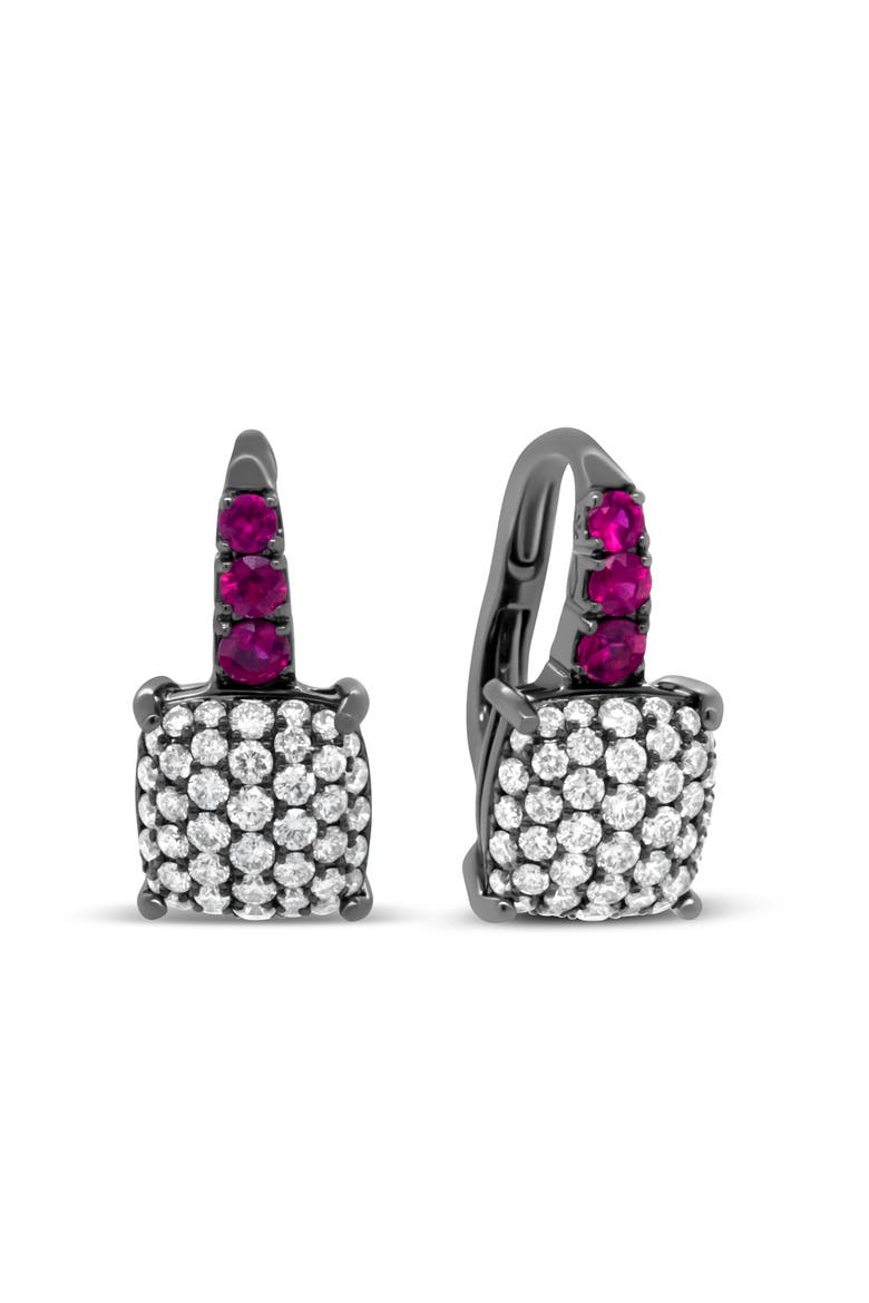 Rhodium over 18K White Gold 7/8 Ctw Diamond and Graduated Red Ruby Drop Earrings, Alternate, color, White