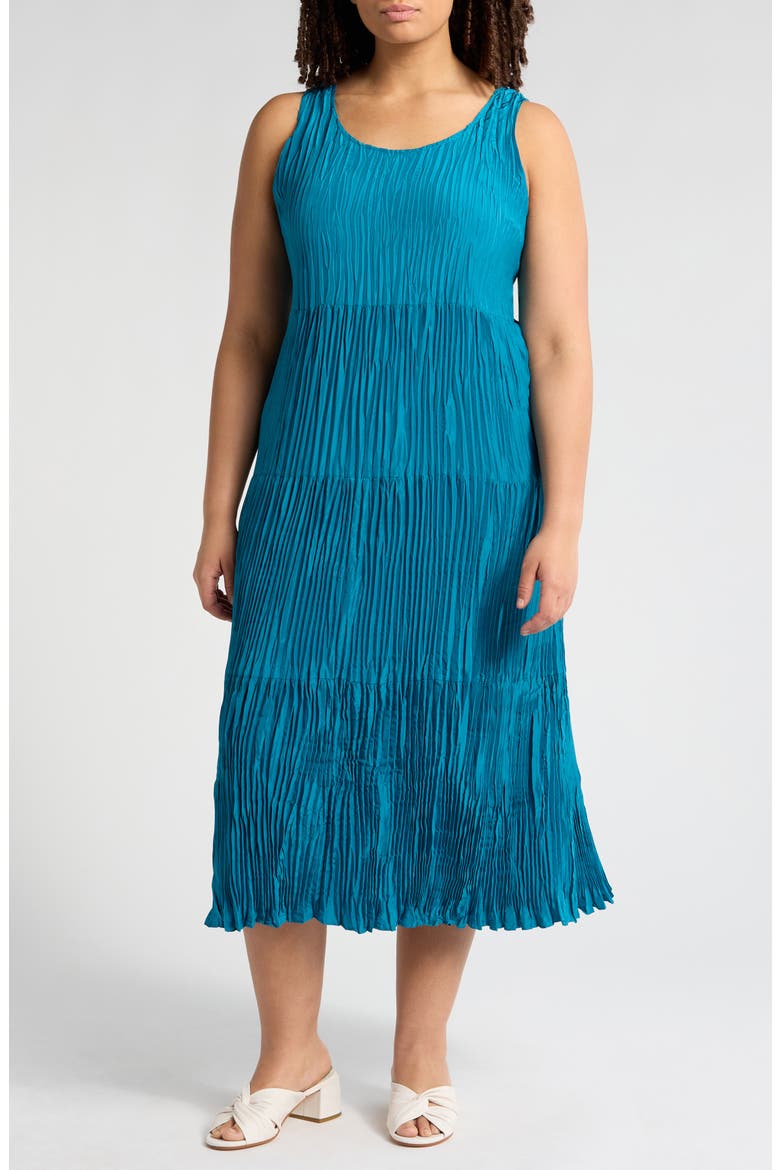 eileen fisher tiered pleated silk midi dress Eileen Fisher Crushed Silk Tiered Dress In Atlantis in Blue