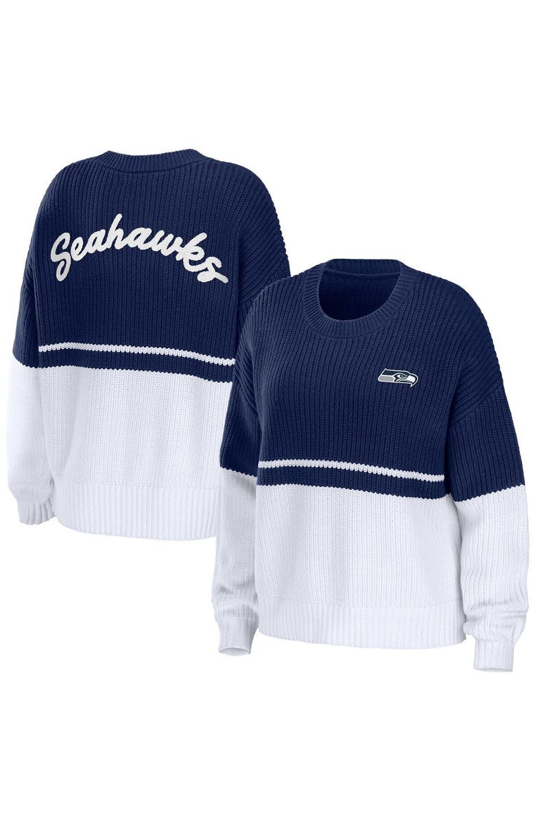 WEAR by Erin Andrews Women's WEAR by Erin Andrews College Navy/White Seattle Seahawks Chunky Script Wordmark Pullover Sweater, Alternate, color,