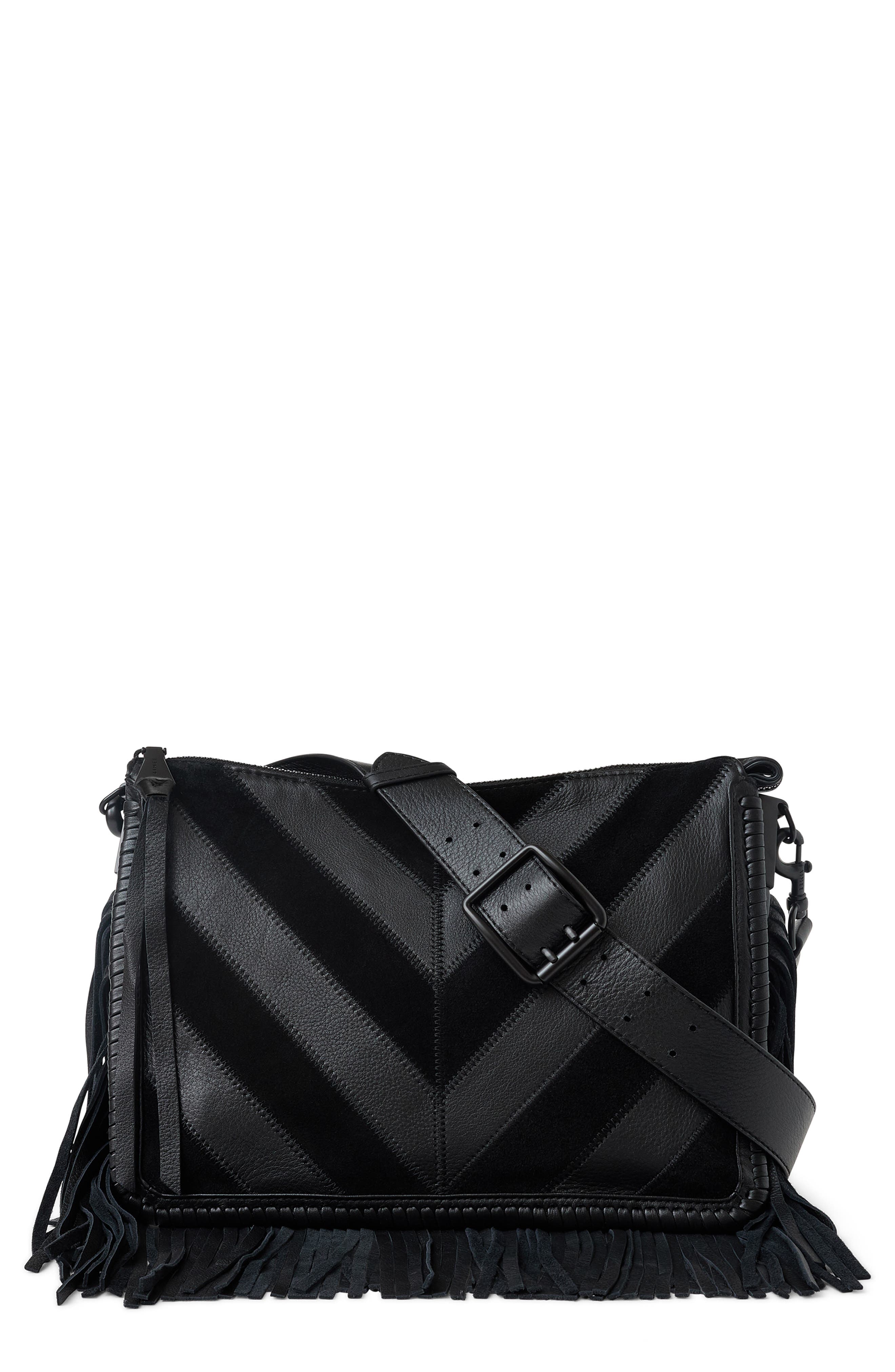 Famous Fringe Large Leather Crossbody, Main, color, BLACK CHEVRON