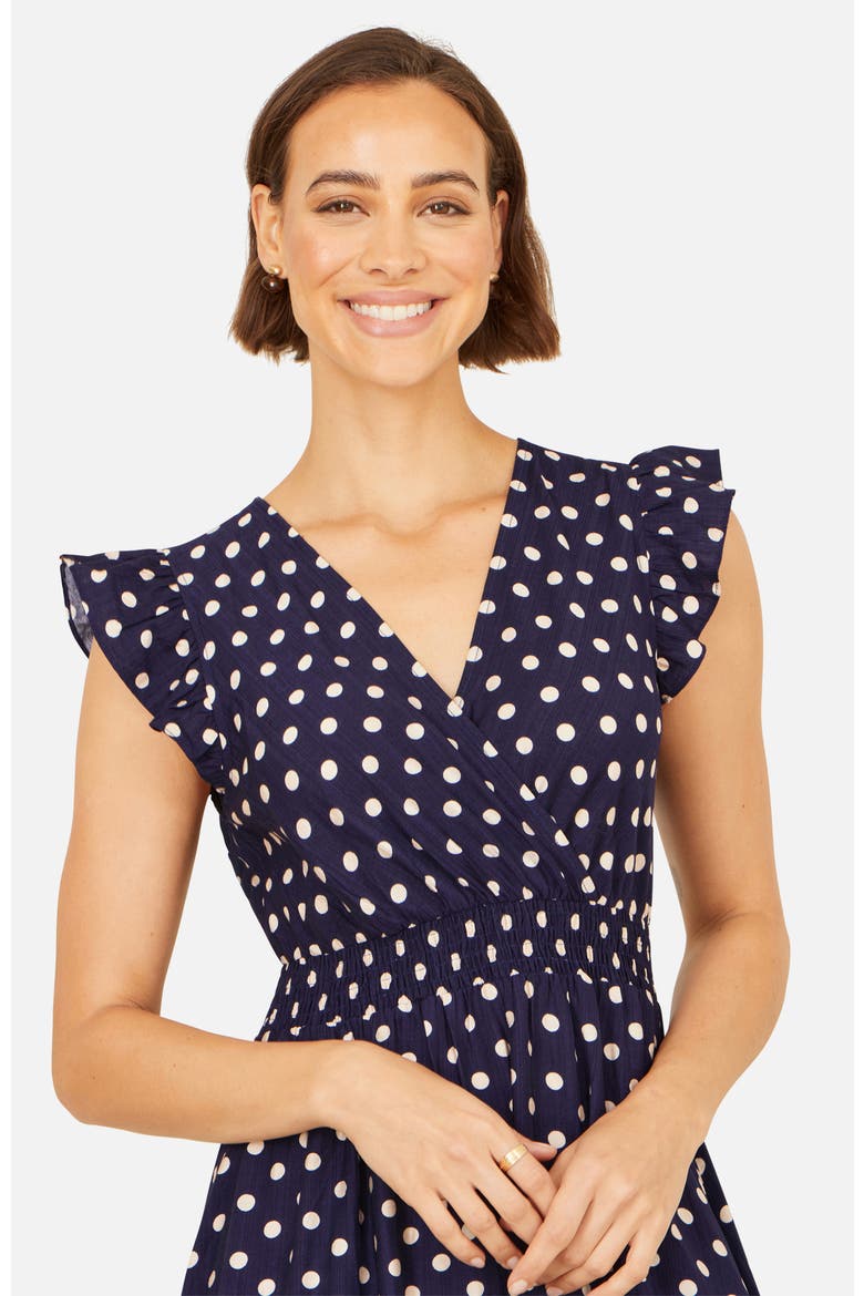 Spot Ruched Waist Midi Dress, Alternate, color, Navy