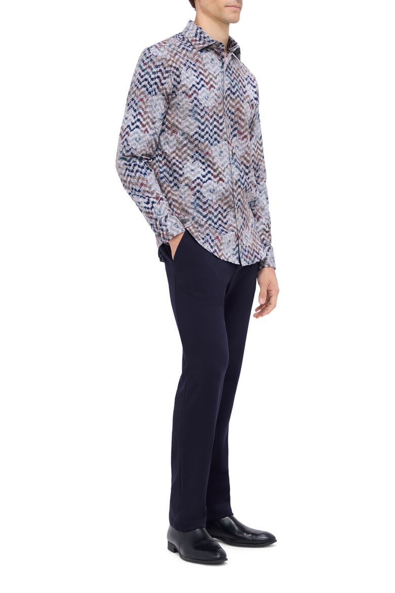 Axel Shaped Fit Floral Chevron Print Stretch Button-Up Shirt, Alternate, color, CARAMEL