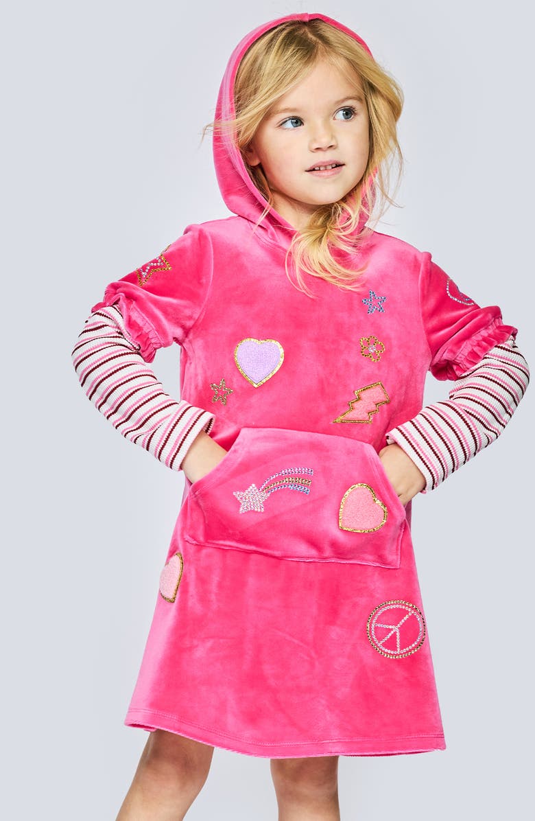 Truly Me Kids' Patchwork Hooded Velour Dress, Alternate, color, Hot Pink