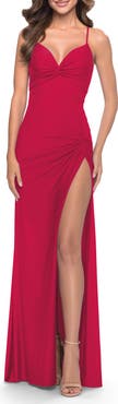 La Femme Soft Jersey Dress with Knot Detail on Bust and Hip