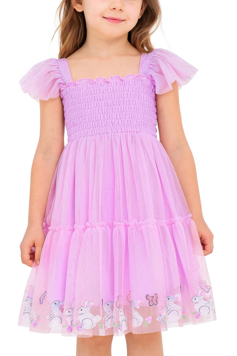 Kids' Bunny Border Embroidered Flutter Sleeve Mesh Party Dress, Alternate, color, ORCHID