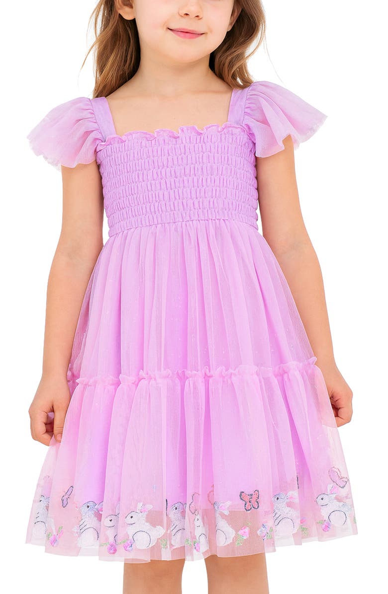 Zunie Kids' Bunny Border Embroidered Flutter Sleeve Mesh Party Dress, Alternate, color, Orchid