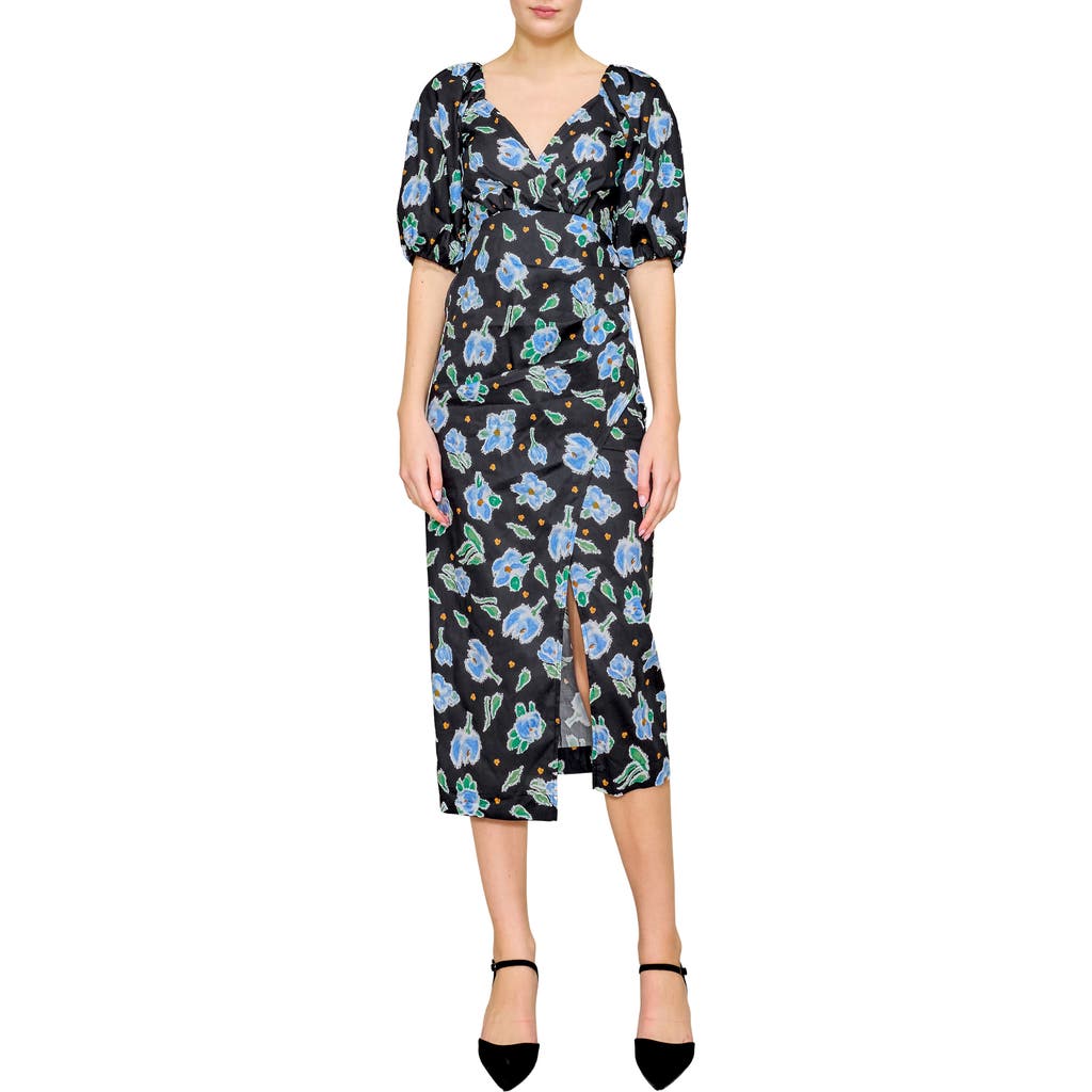 Melloday Puff Sleeve Poplin Faux Wrap Midi Dress In Black Multi