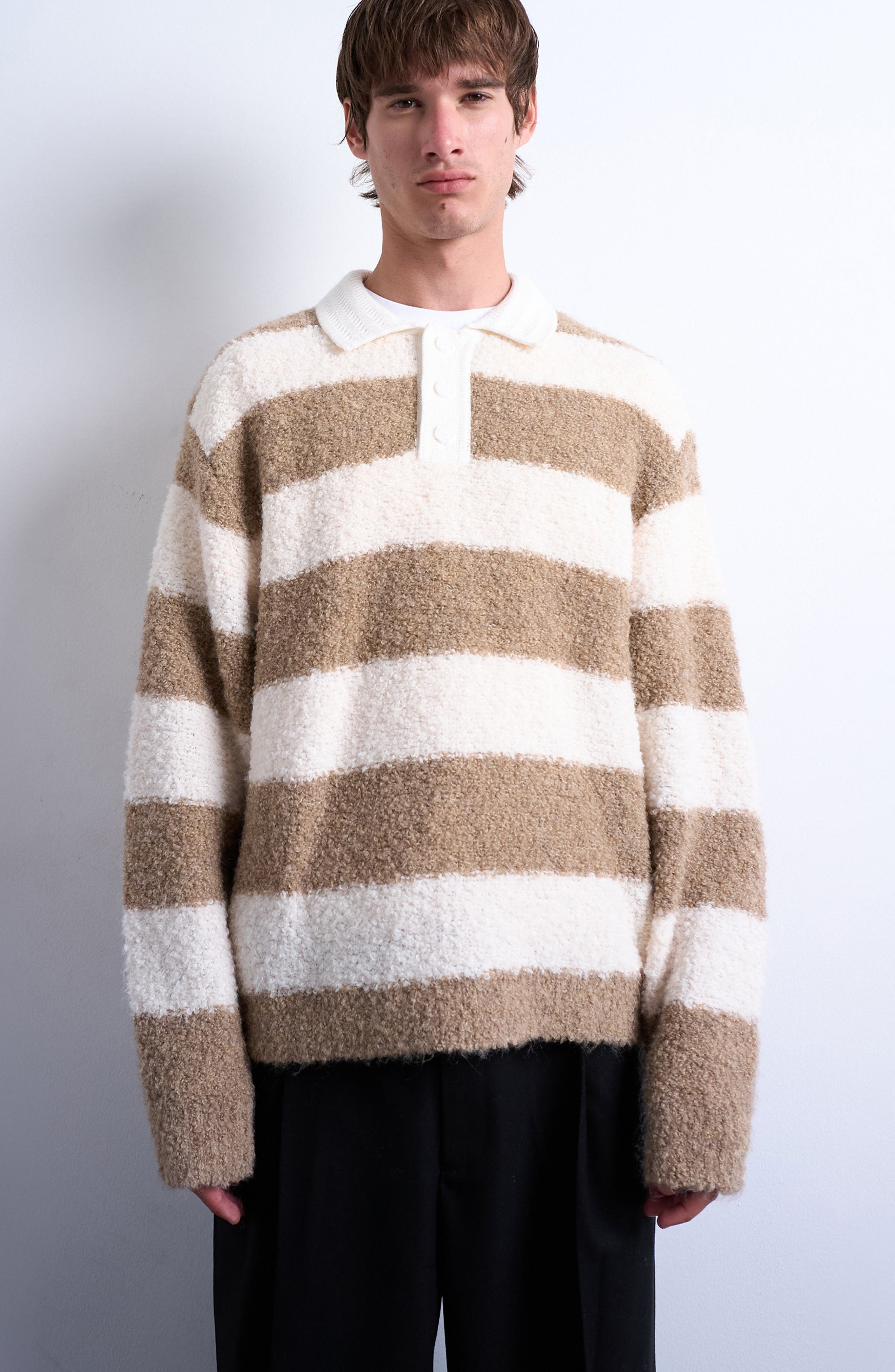 Topman Oversize Stripe Bouclé Polo Sweater