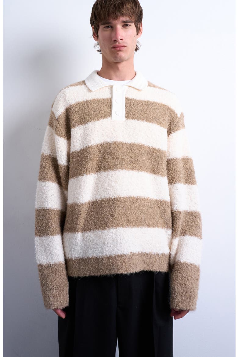 Oversize Stripe Bouclé Polo Sweater, Main, color, BROWN