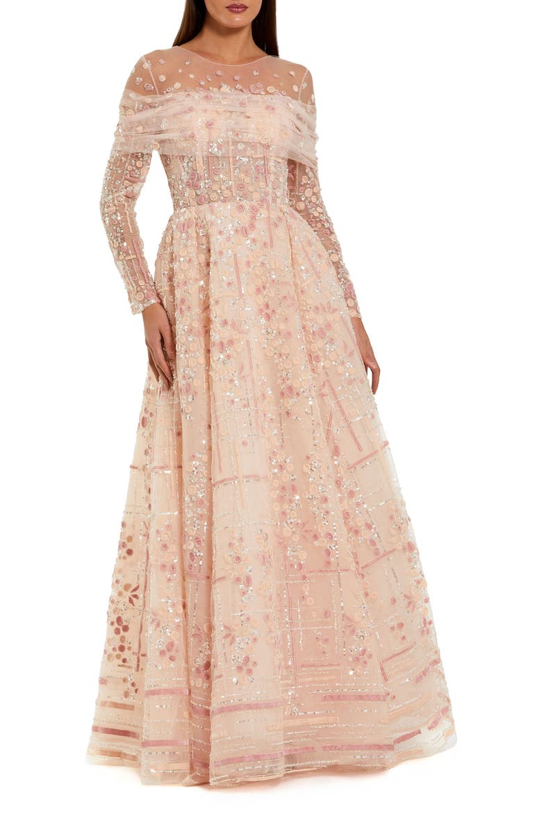 Illusion Neck Long Sleeve Embroidered Ballgown, Main, color, Rose