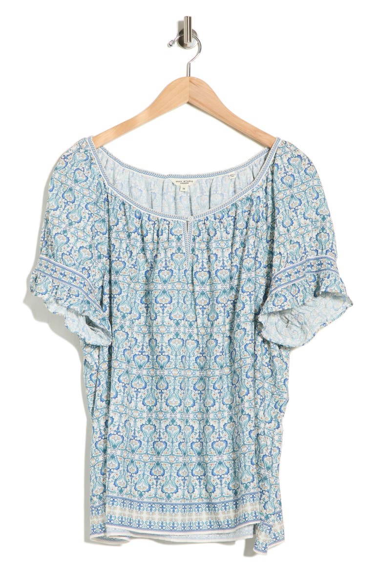 Keyhole Short Sleeve Top, Alternate, color, CREAM/ TEAL NOUVEAU VINE CREST