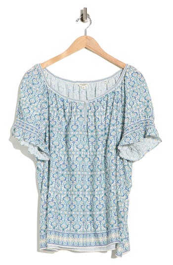 Max Studio Keyhole Short Sleeve Top In Blue