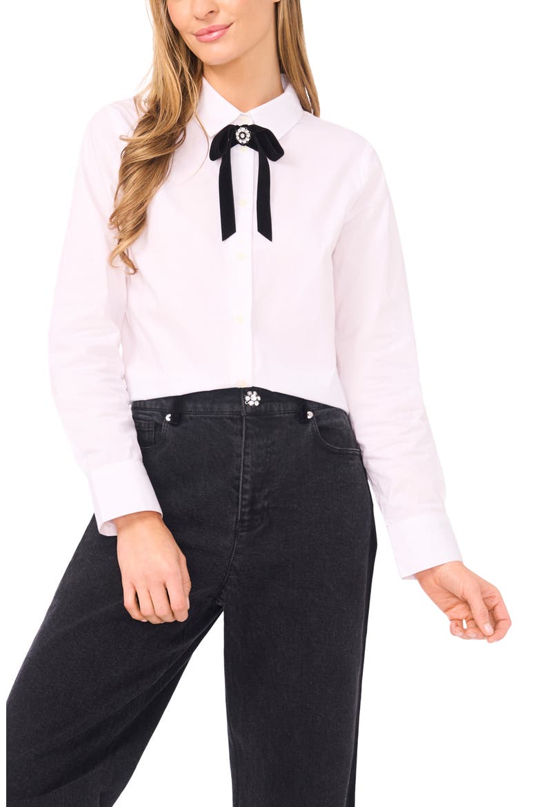 Velvet Bow Crop Cotton Button-Up Shirt, Main, color, ULTRA WHITE