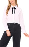 CeCe Velvet Bow Crop Cotton Button-Up Shirt