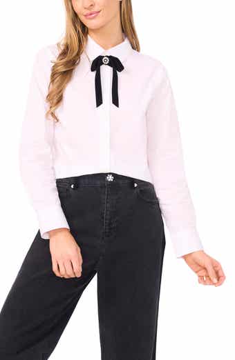CeCe Velvet Bow Crop Cotton Button-Up Shirt