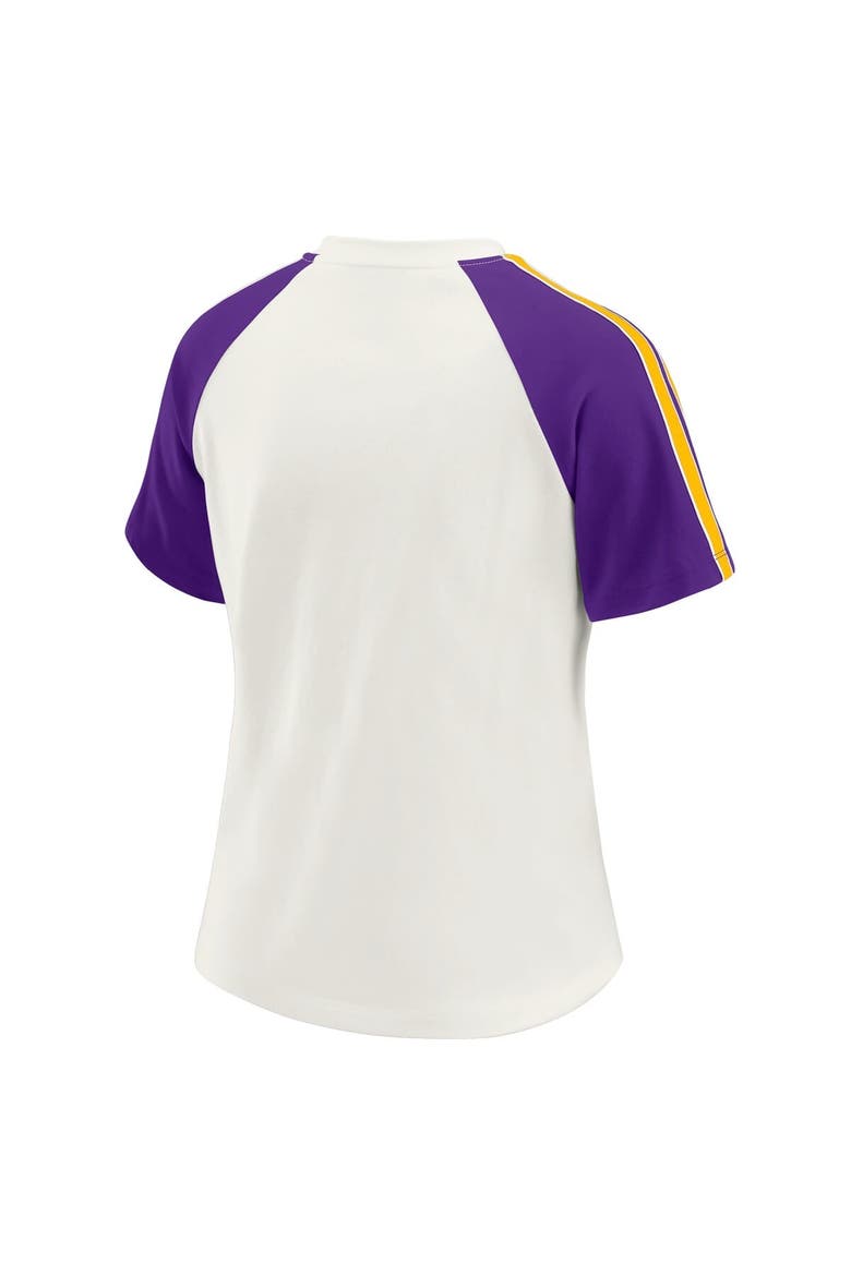 Women's WEAR by Erin Andrews White Minnesota Vikings Sleeve Stripe Distressed Raglan T-Shirt, Alternate, color, White