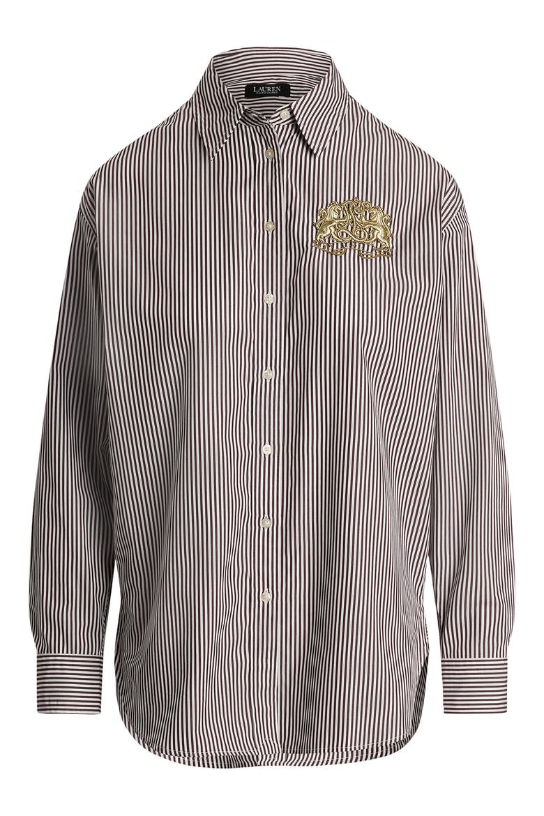 Stripe Lion Crest Cotton Button-Up Shirt, Alternate, color, PINOT NOIR/ WHITE