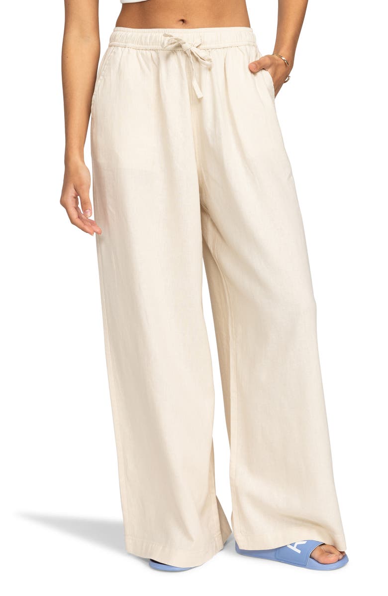 Roxy Lekeitio Wide Leg Linen Blend Drawstring Pants, Main, color, Tapioca